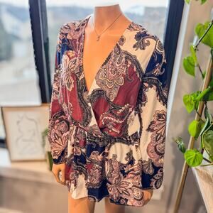 Boho Chic Paisley Open Back Long Sleeve Mini Romper/Dress, Size: Large